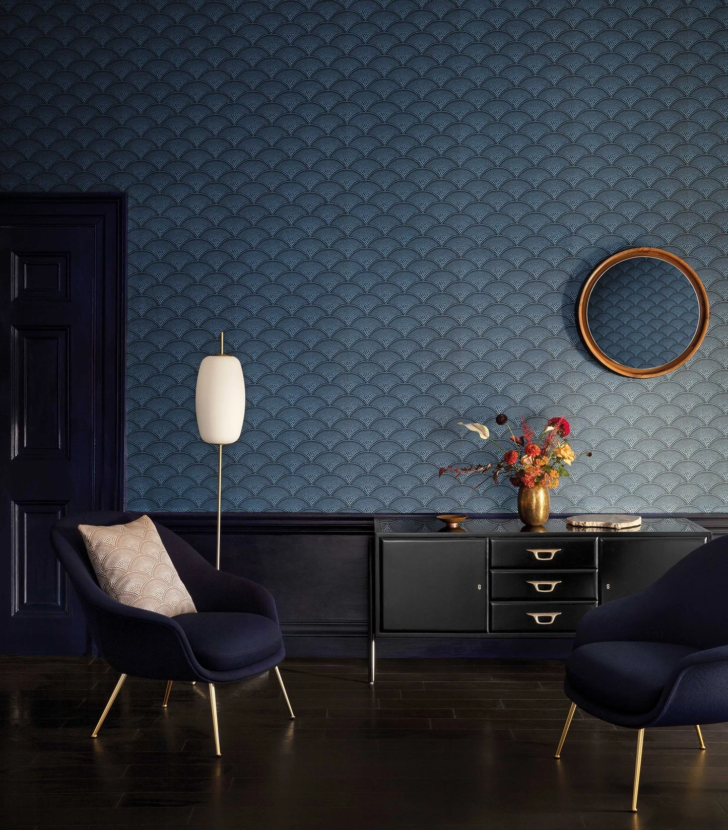 Feather fan navy Art Deco inspired wallpaper in a home office