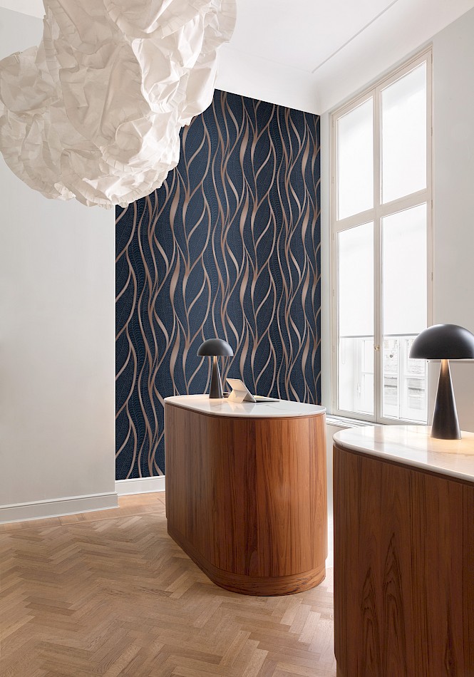 feature wall in a commercial space navy linen wallpaper of abstract wavy lines