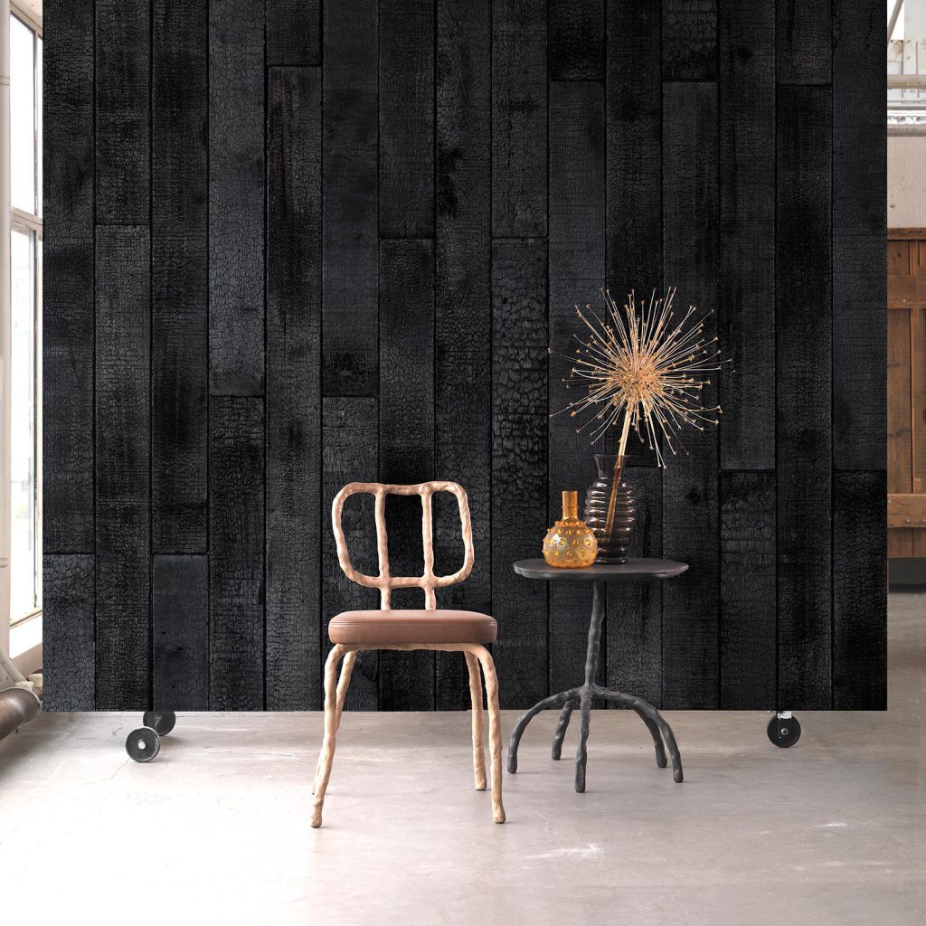 Burnt wood effect wallpaper mural roomshot