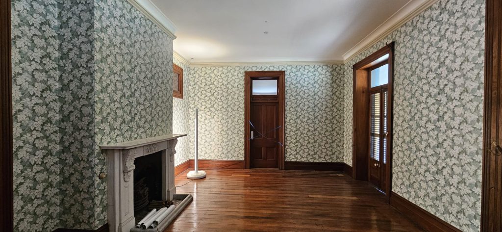 Restored drawing room at Newstead House with custom printed wallpaper