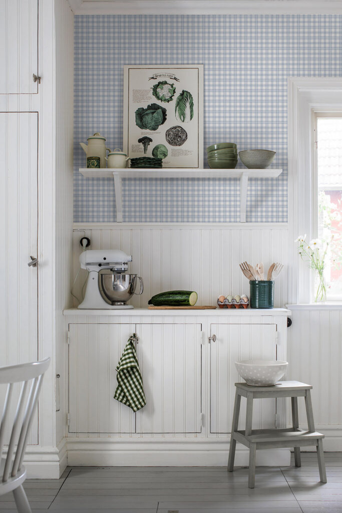 Farmhouse style kitchen featuring blue checked wallpaper