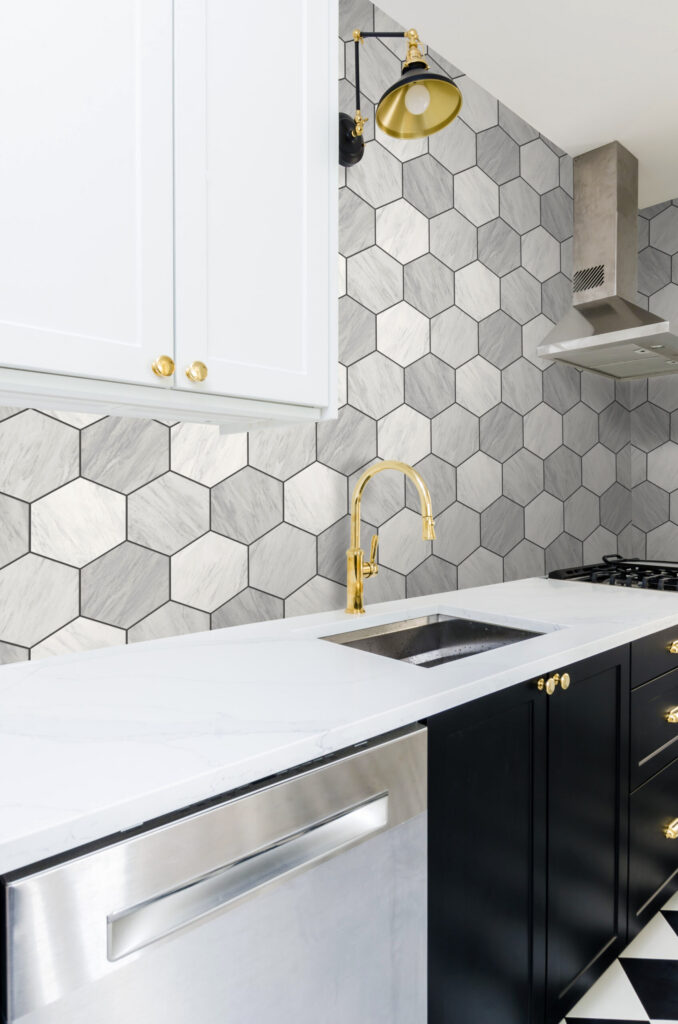 Tile effect wallpaper in a kitchen