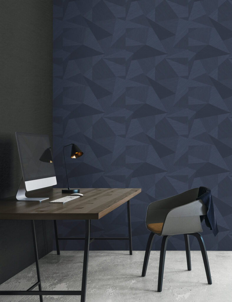 Graphic shapes creating a 3D effect in deep blue in a home office